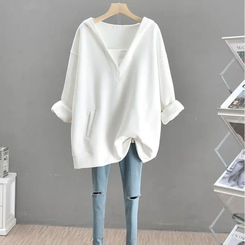 Spring Autumn New Women's Solid Color Plus Size V-Neck Pockets Spliced Hoodies Solid Color Simplicity Casual Long Sleeve Tops
