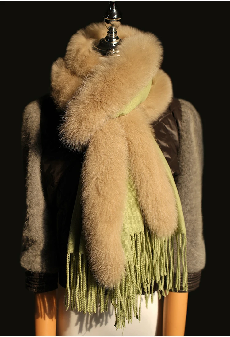 100 % reine Wolle, neuer Schal aus echtem Fuchspelz, Schal, Umhang, flauschig, großer Damen-Pelzkragen, Quastenschal-Zubehör für Herbst und Winter – Detail 11