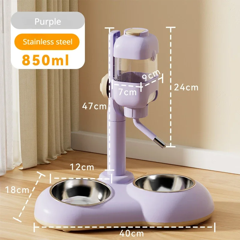 Fuente de agua automática vertical para perros, fuente de alimentación ajustable para mascotas, cuenco doble antivuelco de acero inoxidable para gatos