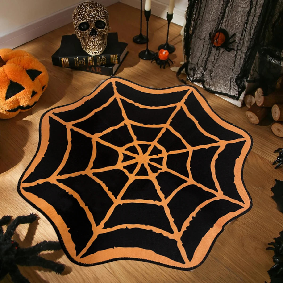 1PC Washable Spooky Gothic Rug Non-Slip Spiderweb Aisle Runner Spider Web Rug Orange Black Halloween Party Mat for Home Decor