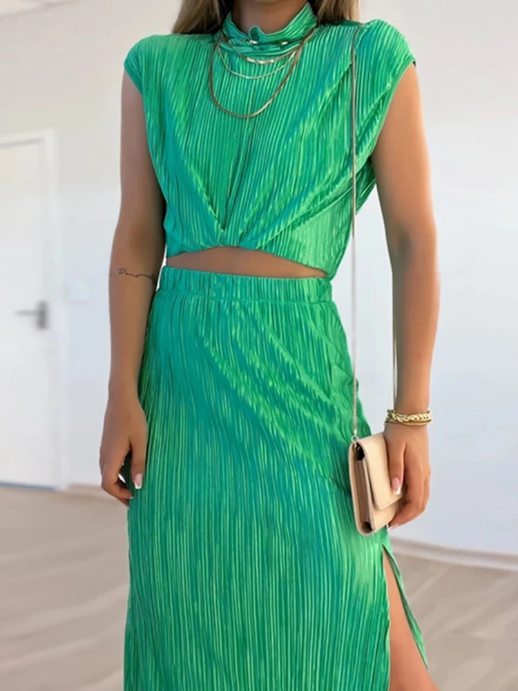 

2 Piece Sets Women Outfit Summer Casual Sleeveless Backless Crop Top Female Elegant Fashion Side Split Bodycon Party Dress Sets