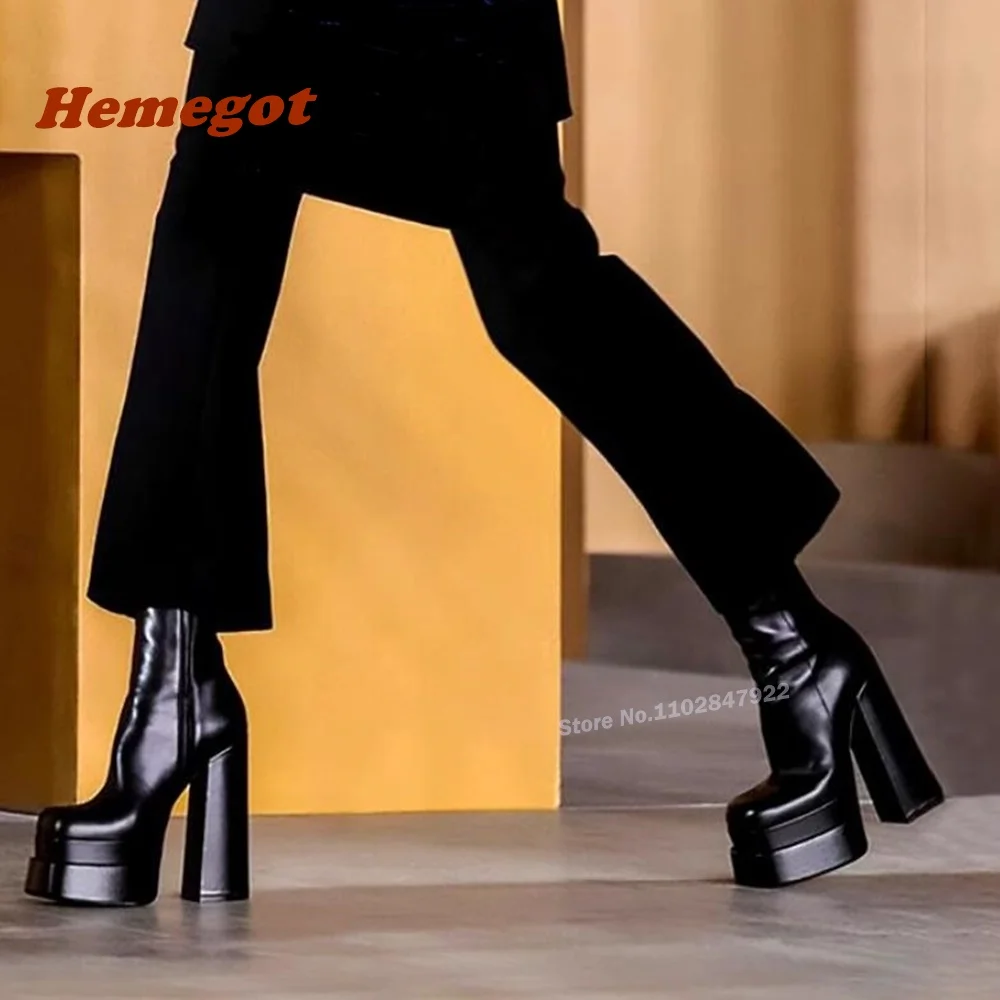 

Black Platform Square Toe Boots Leather Chunky Heels Knee High Boots for Women Winter Runway Catwalk Shoes Side Zip Big Size 43