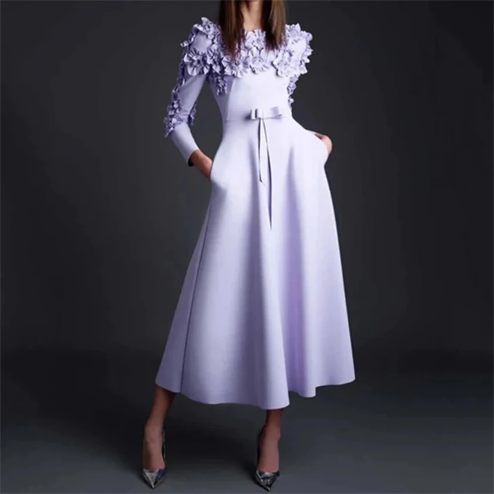 Satin Flower Draped Wedding Party A-line O-Neck Bespoke Occasion Dresses Ankle-Length