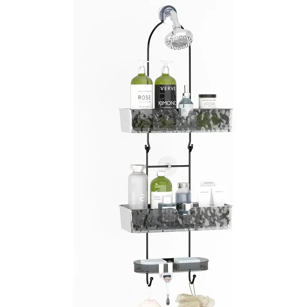 Hanging Shower Caddy No Drilling Over Head Organizer Quick Drainage Waterproof Rust-proof Shower Storage with Hooks and Baskets 2