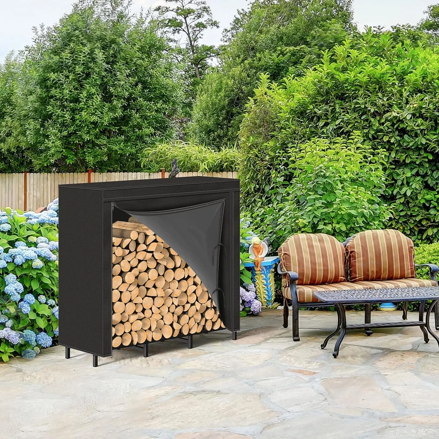 Firewood Rack Outdoor with Cover 5.3ft Firewood Log Rack Fire Log Holder Indoors Adjustable Fire Wood Rack StandBlack Waterproof 5