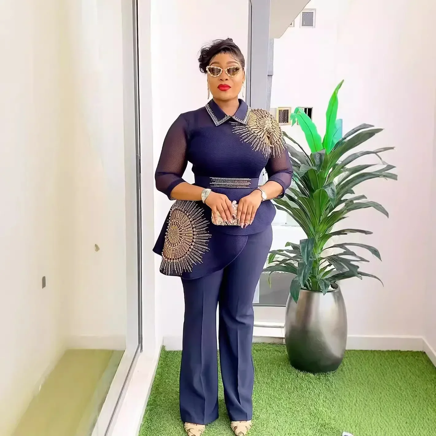 African Suit Women Temperament Two Piece Sets Top Sashes Straight Wide Leg Pants Outfits Dashiki Africa Elegant Ensemble