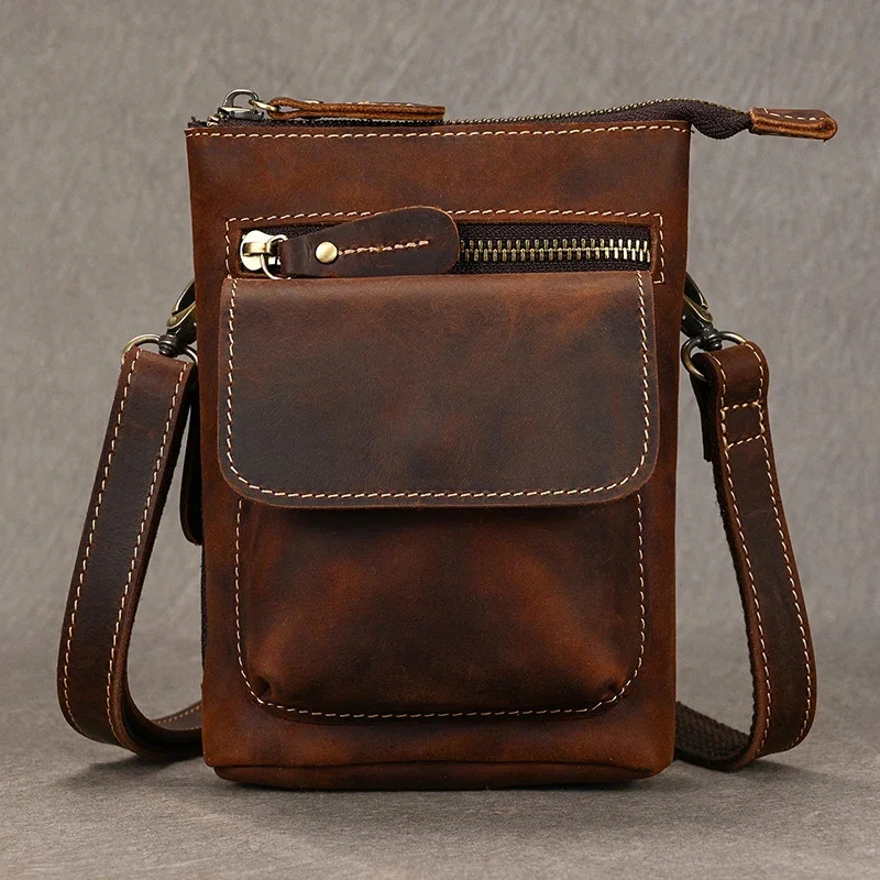 

Retro Men's HiP Bum Waist Bags Clip Buckle Belt Packs Zip Small Mini Fanny Pack Genuine Leather Cowhide Man Pouch