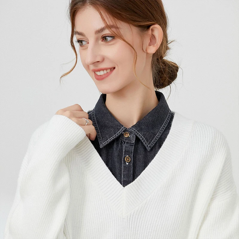 Women's Washed Denim False Collar Korean Versatile Half Shirt Style Collar Female Casual Fashion Sweater Inner Decorative