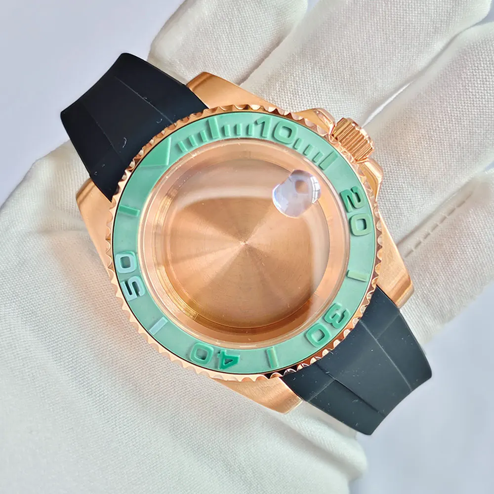 Rose Gold 40mm GMT SUB Watch Case with Silicone Strap and Sapphire Glass