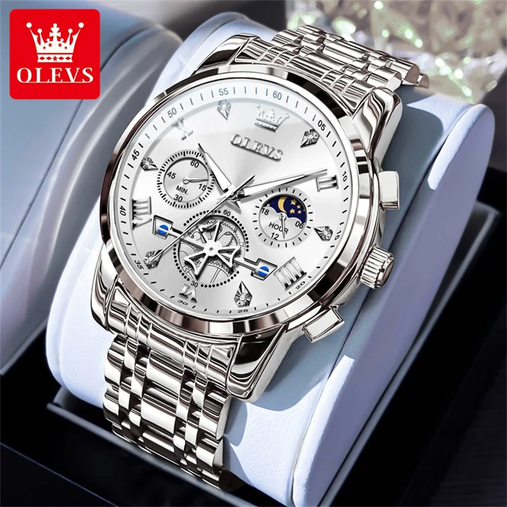 OLEVS Men's Moon Phase Quartz Watch - 30m Waterproof, Luminous Stainless Steel Wristwatch with Genuine Fashion Design, Box Set