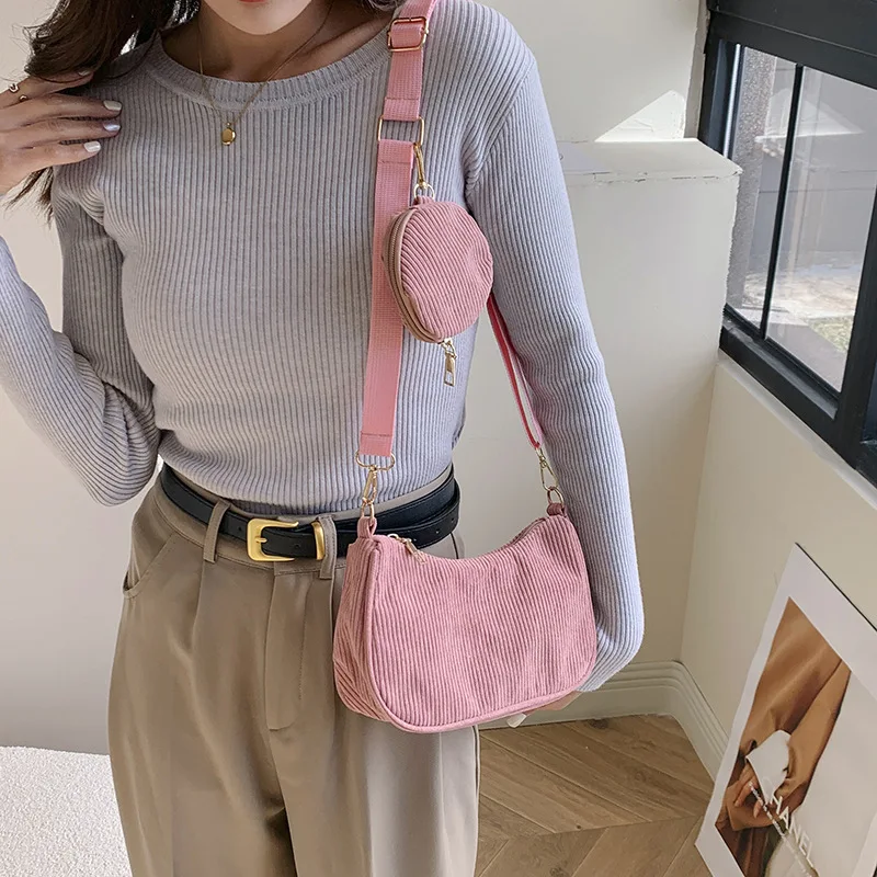 

Модная винтажная женская сумка 2024, однотонная Вельветовая женская сумка-мессенджер, повседневные сумки на плечо с молнией, женские кошельки, сумочка