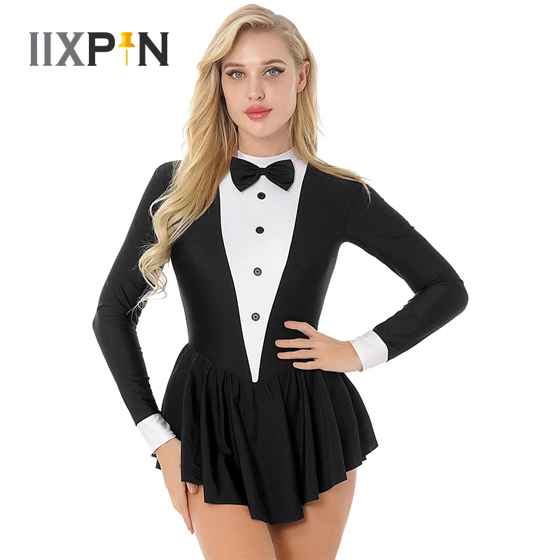 

Women Tuxedo Waitress Role Play Costume Long Sleeve Bowknot Button Ruffle Dance Leotard Dress Performance Wear Party Dress Up