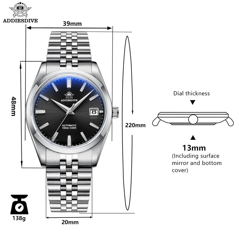 ADDIESDIVE 39mm Automatic Mechanical Watch for Men Black/White