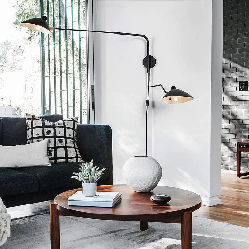 Rocking Arm Wall Lamp Plug Adjustable LED Retro Industrial Living Room Sofa Bedroom Bedside