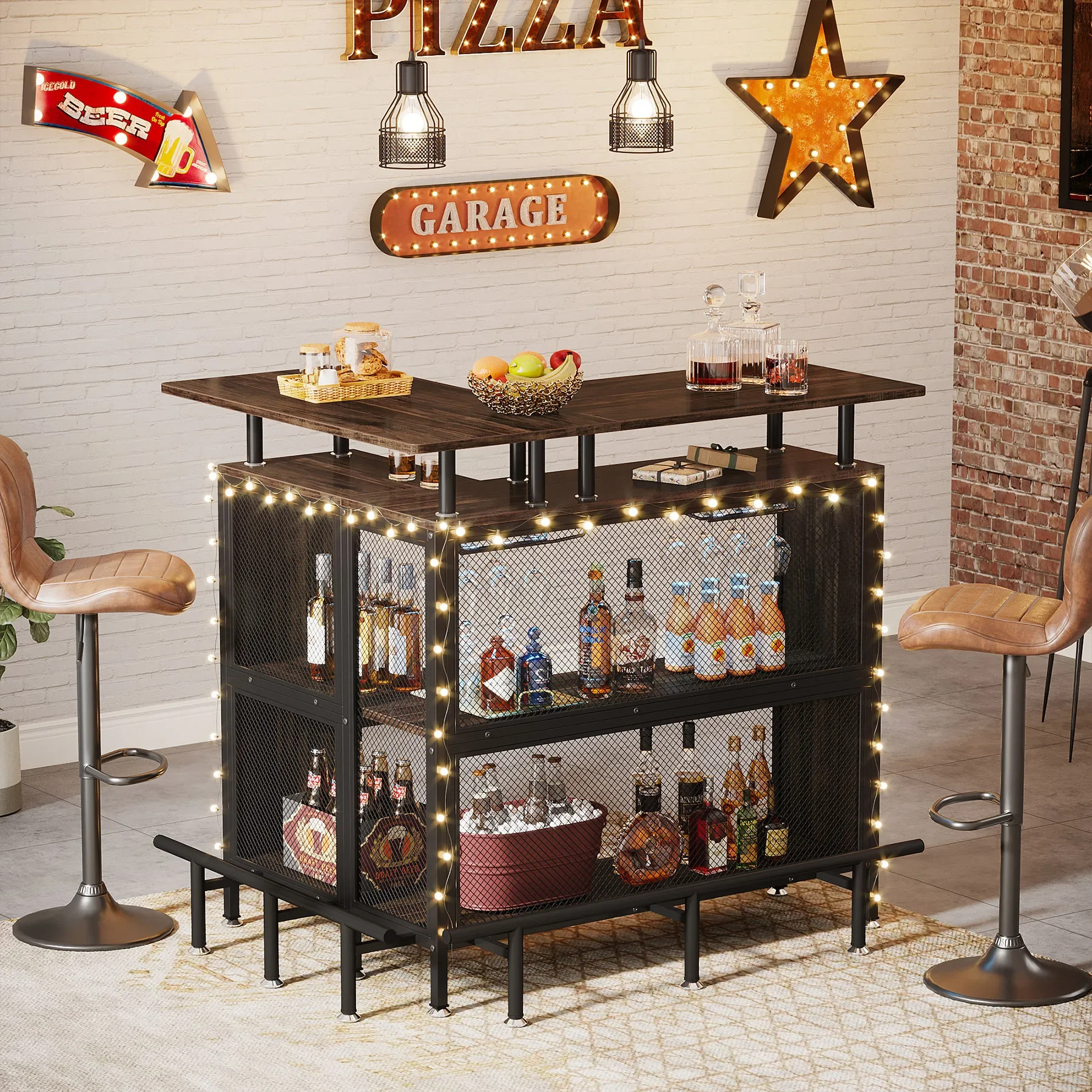 Tribesigns Home Bar Unit, L-Shaped Bar Table with Stemware Racks and 2-Tier Shelves, Corner Coffee Liquor Cabinet, Rustic Brown