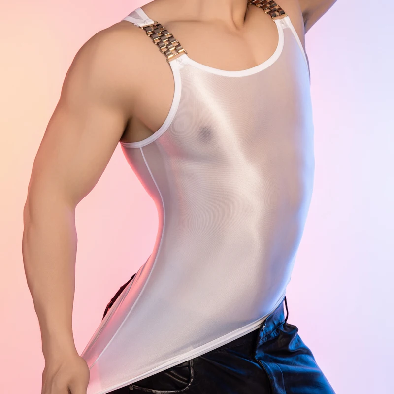 Tank Tops Sheer Transparent Oil Shiny Men's Vest Man Clothing Night Club High Elastic Sleeveless Shirt singlet men