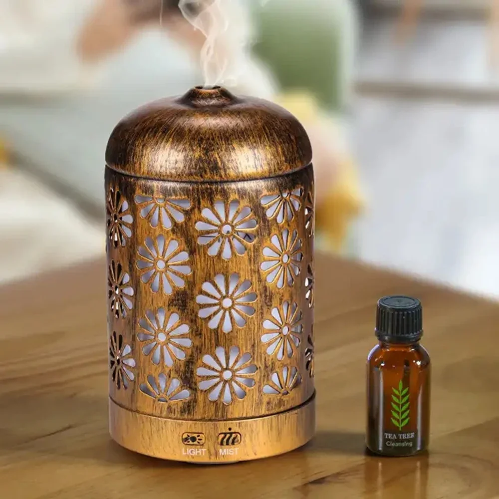 Oil Diffuser Vintage Metal Quiet Aromatherapy Humidifier Ultrasonic Essential with 7 Color Changing Lights Cute Humidifier Home