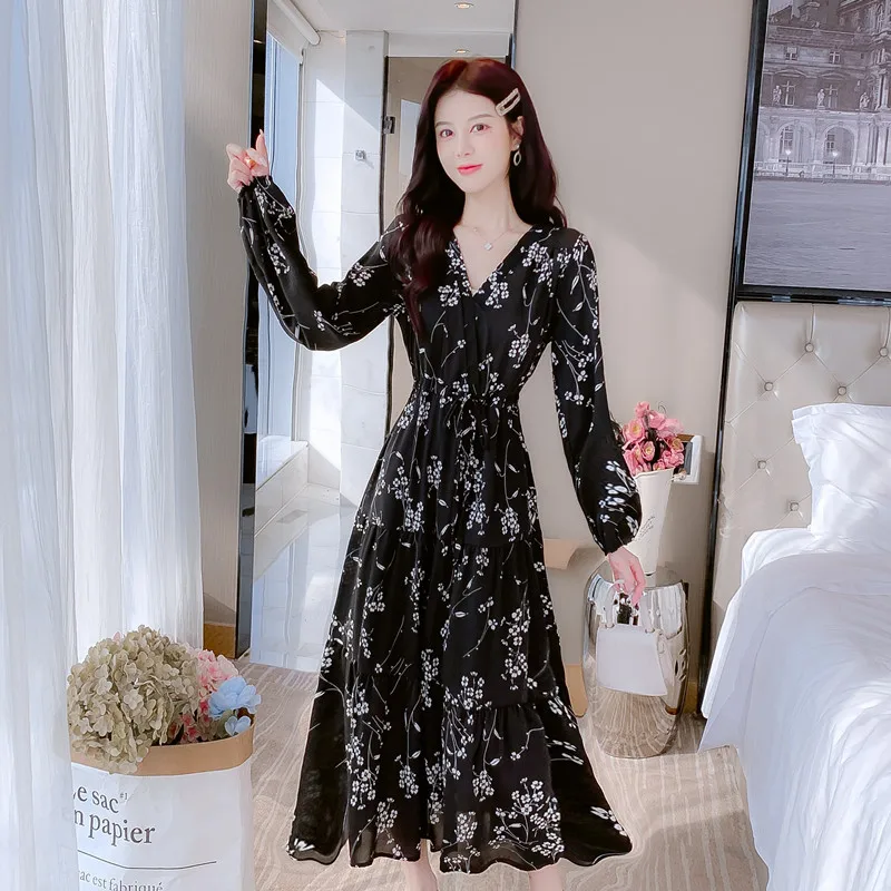 Spring Black Floral Chiffon Long Sleeve V-Neck Midi Dress 2023 New White  Elegant Casual Dress Women Korean Vintage Hepburn Dress - AliExpress