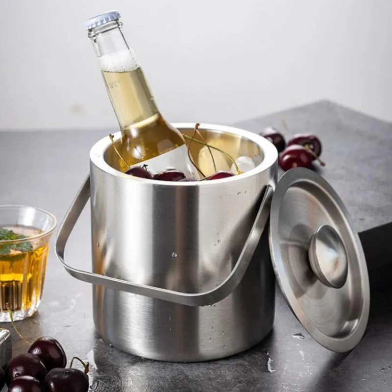 1300ML Stainless Steel Ice Bucket Double Wall Ice Bucket with Lid Insulated with Handle Champagne Beer Wine Cooling