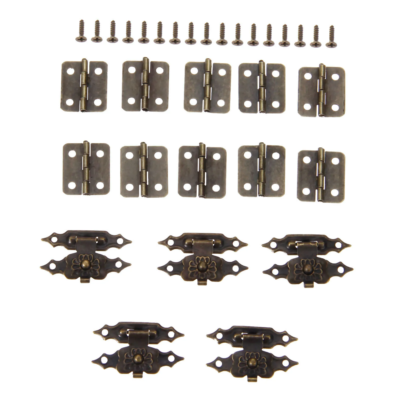 30pcs/set Antique Bronze Box Latch Hasp Clasps 38*18mm+Hinge 18*16mm w/screws Flower Buckle Padlock Wood Jewelry Case Lock Decor