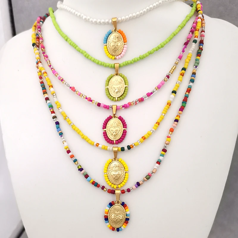 Jungfrau Maria Anhänger Charm Halskette Damen Imitationsperlen Kreuz Heiliges Herz Jesus Choker Saatperlen Goldfarben Schmuck Mutter
