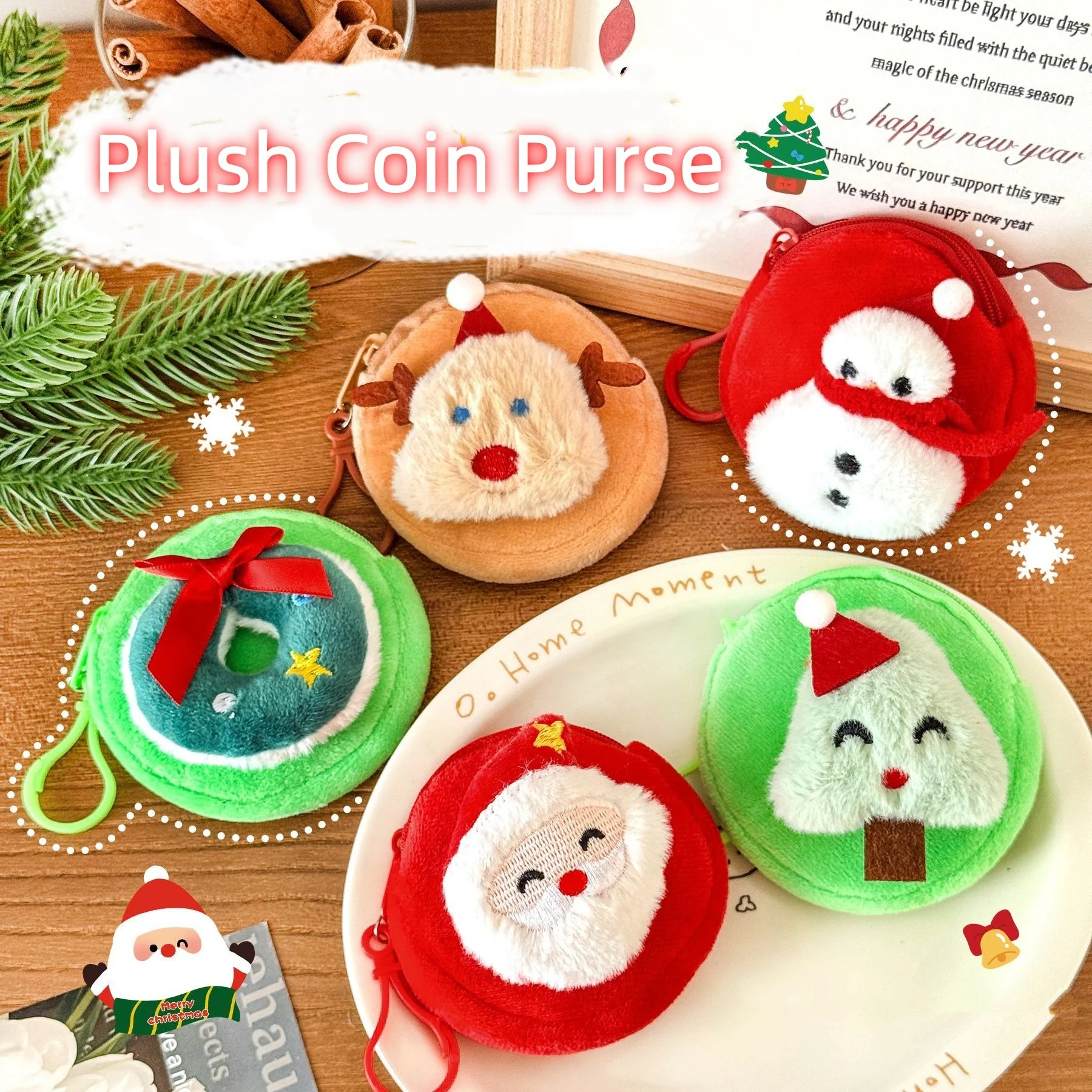 Christmas Doll Plush Coin Purse Cartoon Santa Claus Wallet Keychain Bag Pendant Kids Portable Mini Storage Bag Christmas Gift