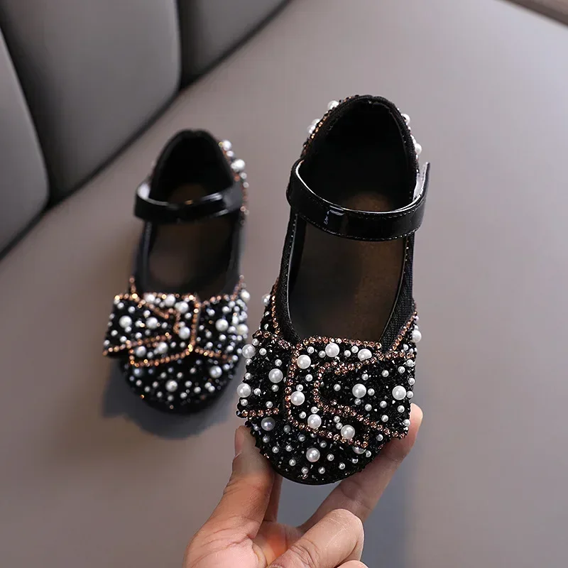 Children's Leather Shoes Rhinestone Pearl Luxury Girl Princess Shoes Fashion Shallow Kids Causal Flat Mary Jane Shoes for Ballet