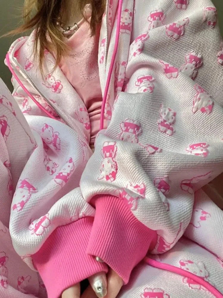 

New Y2k Oversize Kawaii Anime Pink Zip Up Hoodies Women Soft Girls Japanese Harajuku Cute Print Zipper Sweatshirt Tops 2023