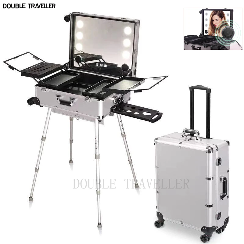 Travel Luggage Professional Rolling Cosmetic Case Beauty Makeup Trolley LED Light Mirror Aluminum frame Folding table