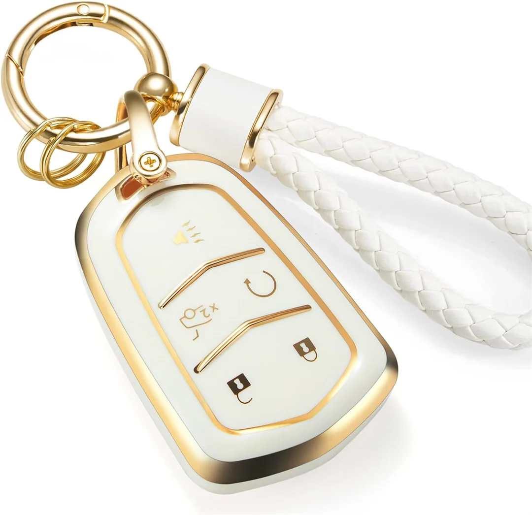

Compatible With Cadillac Key Fob Cover with Metal Braided Rope Keychain for Cadillac Accessories, Upgraded Soft Key Case