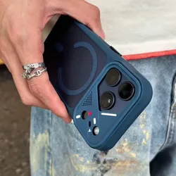 Elegant Shockproof Hybrid Bumper Clear Case with Magnetic Armor Cooling Cover - iPhone 15 Plus (Navy)