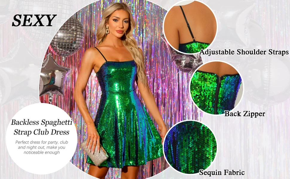 Vestidos de cóctel con lentejuelas brillantes y tirantes finos ajustables para mujer de Allegra K