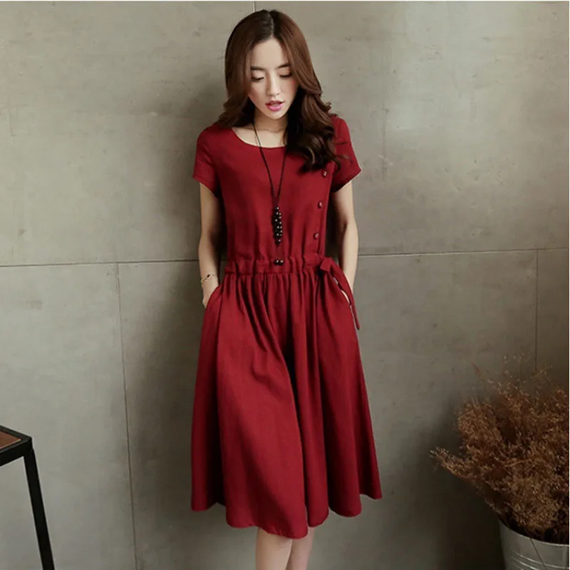 

Summer Vintage Dresses Women Short Sleeve Solid Drawstring Waist Sundress Y2k Korean Fashion Loose Casual Knee-length Vestidos