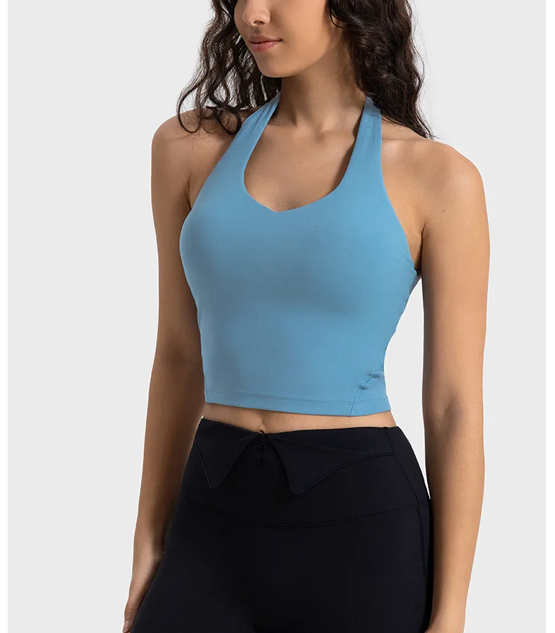 Solid color soft Top Women Sports Bra Gym Fitness Yoga Vest Vertical thread With Removable Chest Pad halterneck push-up support