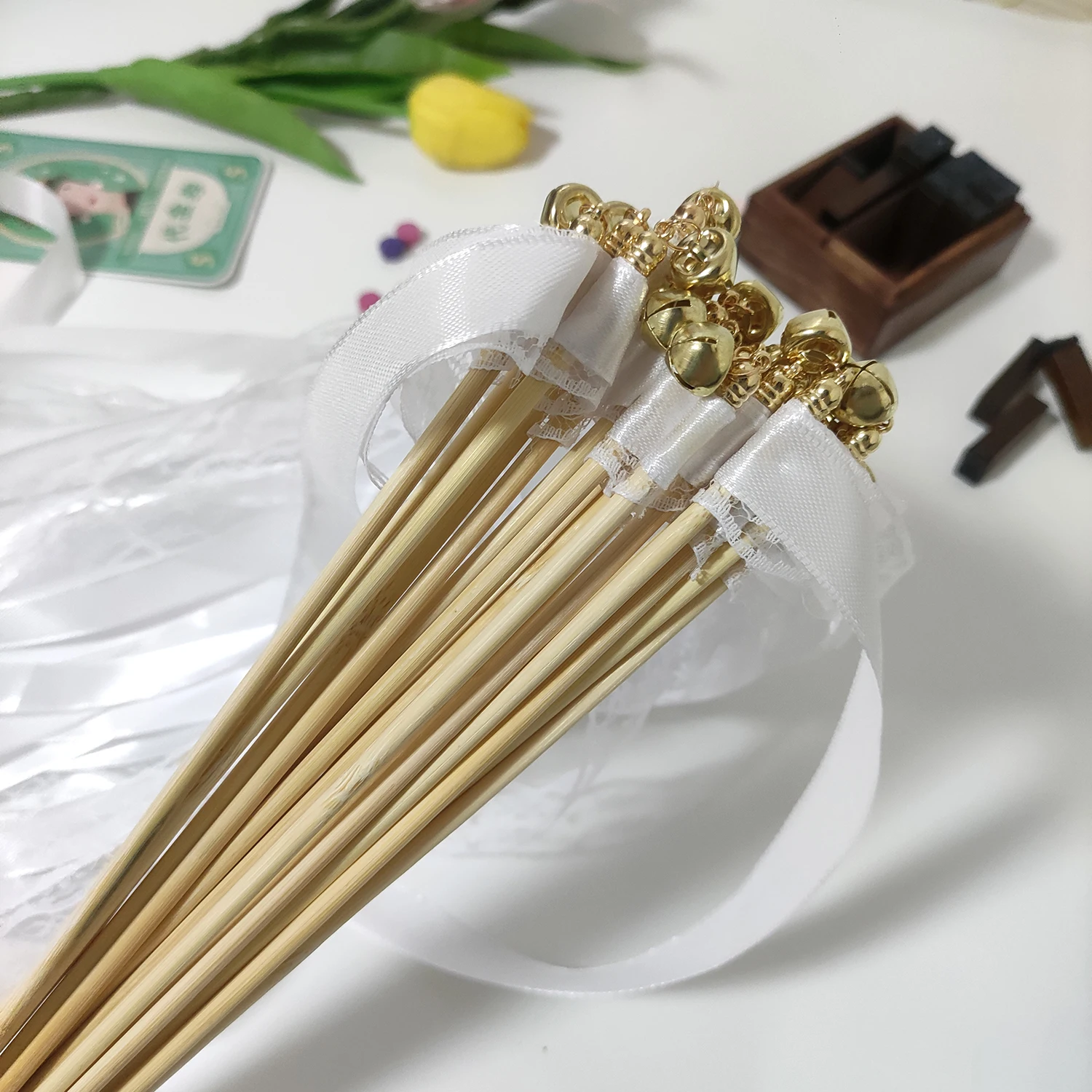 Elegant Wedding Ribbon Wands with Lace Streamers and Bells - Perfect for Celebrations and Decor