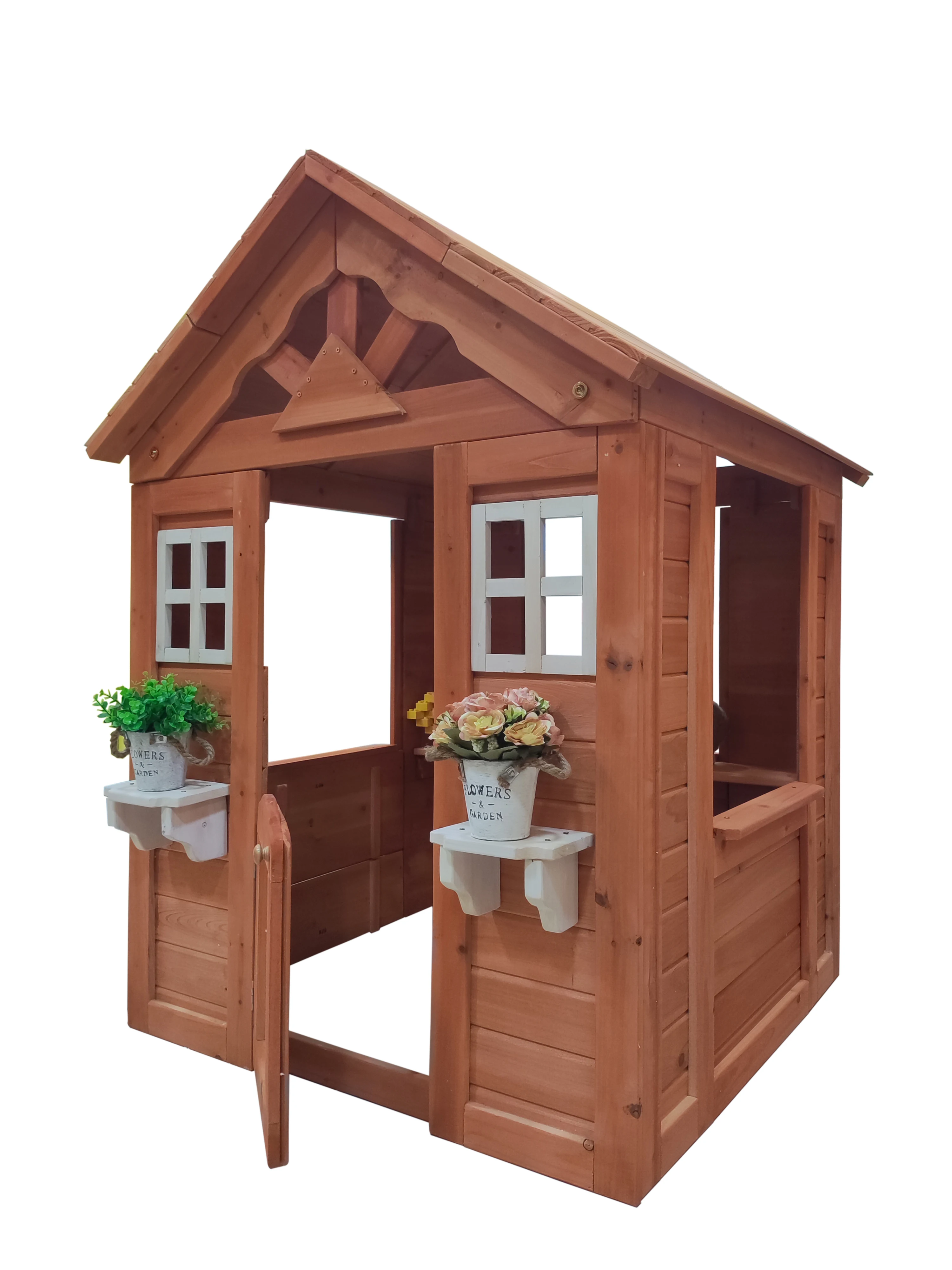 All Wooden Kids Playhouse with 2 windows and flowerpot holder,42"Lx46“Wx55"H,Golden Red 4
