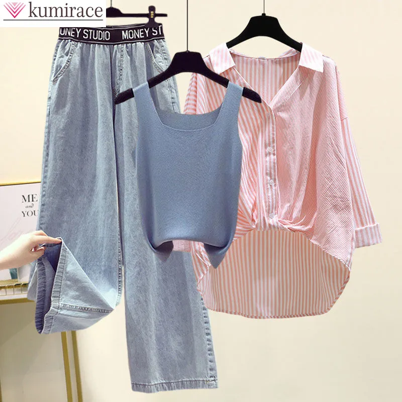 2022 Summer New Striped Blouse Pants Set Casual Jeans Vest Shirt Three Piece Set Elegant Women's Tracksuit Female Clothing