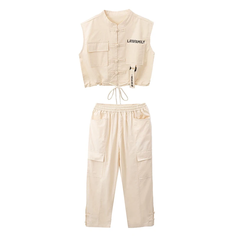 Children'S Khaki National Style Suit Tooling Costumes Boys Kpop Outfits For Girls Street Dance Wear Hip Hop Clothing DQS9848