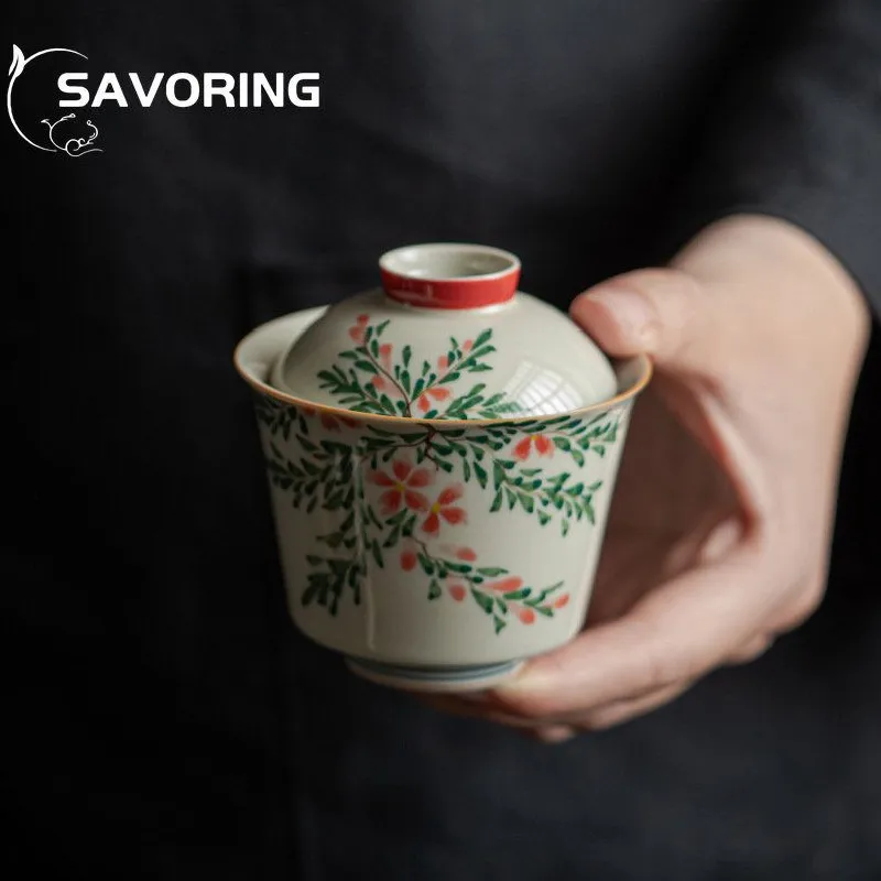 120/130ml hand-painted Lingxiao flower Tea Tureen underglaze color ceramic kung fu tea set bubble Gaiwan household literati cups