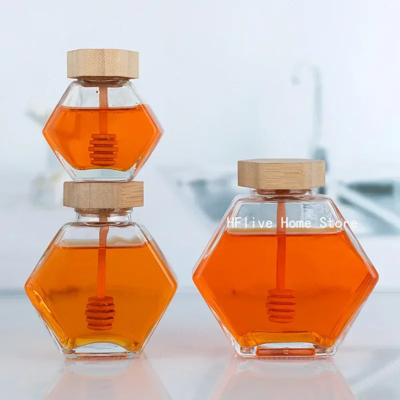 Hexagonal Glass Honey Bottle Wooden Stirring Rod Honey Packaging Bottle 110/220/380ML Small Honey Bottle Container Jar 5
