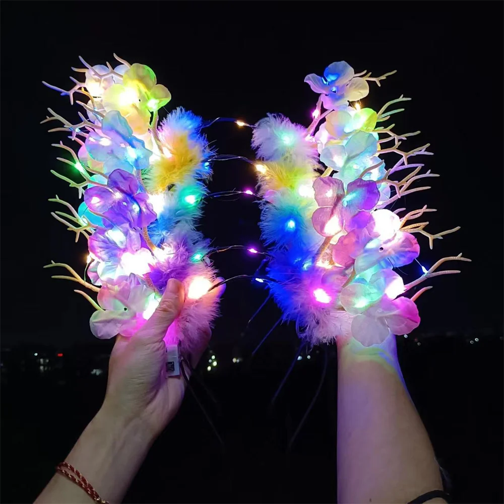 Deer Elk Feather Plum Flower Led Glow Headband Women Girl Light Up Antlers Fasce Per Capelli Christmas New Year Party Accessori Per Capelli