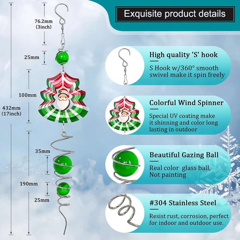 PSATHENATI Gift Exquisite Christmas snowman spiral Memorial Wind Spinner Christmas Gifts Lovers Stainless Steel Wind Chime 17in
