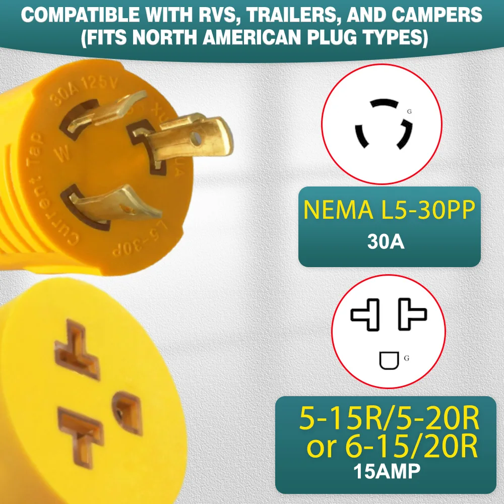 30A to 15A Shore Power plug Generator Adapter For NEMA L5-30P Male to 5-15R/5-20R or 6-15/20R Female US Plug Type Standard