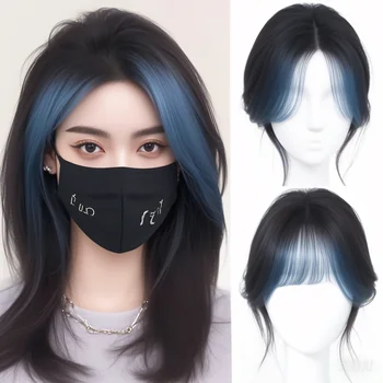 Synthetic Topper Hairpiece Highlighted Blue Pink Bangs Middle Part Straight Bangs Covering White Hair Closure Hairpiece Woman