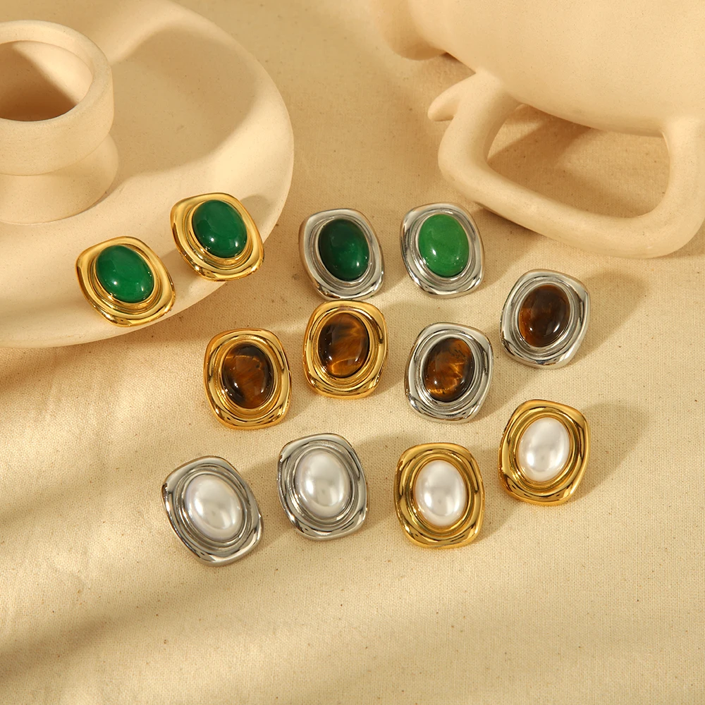 New Products Statement Nature Stone Tiger-eye Earrings Waterproof Gold Plated Stainless Steel Pearl Stud Earrings for Women 2
