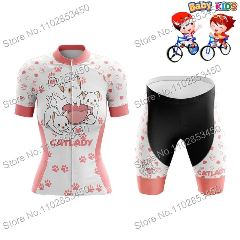 2023 Kids Funny Cartoon Cat Cycling Jersey Set Summer Short Sleeve Girls Clothing Kits Children Road Bike Tops Bicycle Suits MTB 3