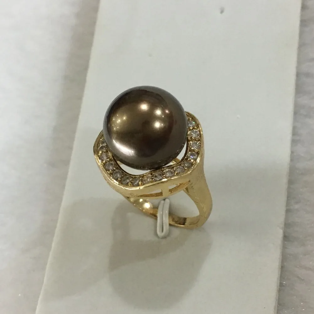 New design lady's beautiful 18KGP inlay crystal 14mm brown shell pearl ring SIZE 6/7/8/9/10