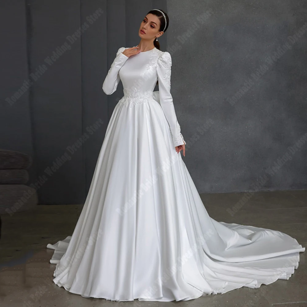 Elegant Satin A-Line Women Wedding Dresses Vintage Long Sleeves Bride Gowns Smooth Satin Beach Ball Vestido De Novias Customized 3