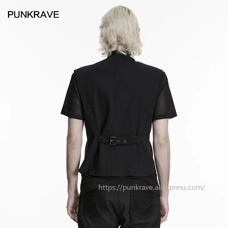 PUNK RAVE 남성용 펑크 트윌 메쉬 & 크랙 가죽 오픈 구조 조끼 스트랩 버클 록 파티 퍼포먼스 탑 남성용