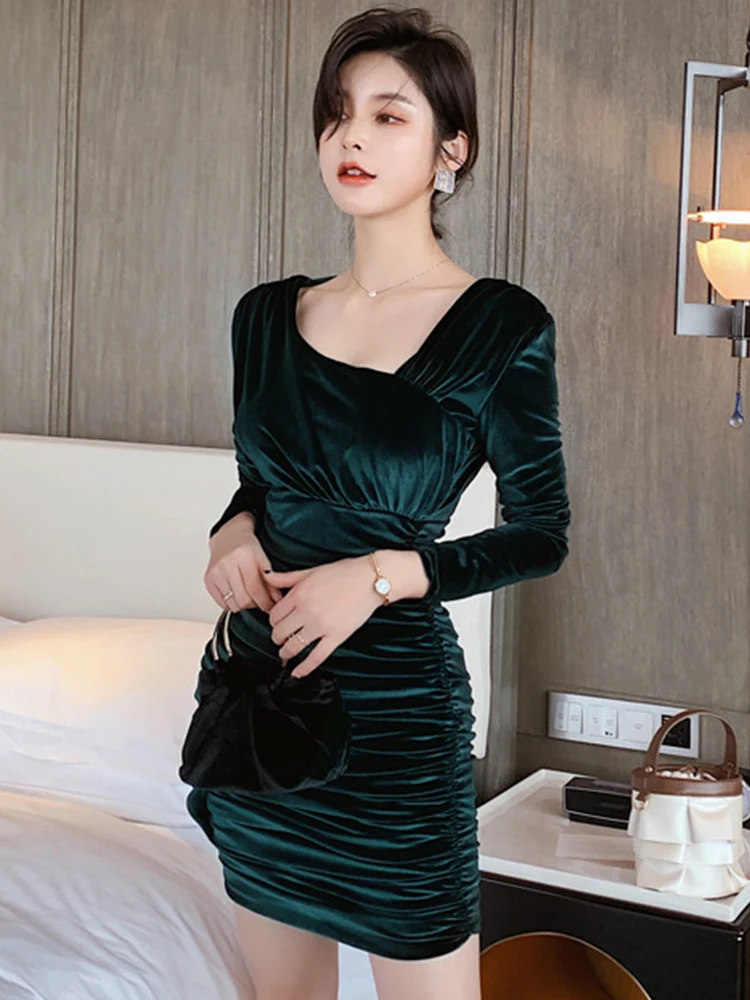 

New Retro Sexy dress for women Velvet Diagonal collar Backless Hollow Lace up Long Sleeve Mini Folds Bodycon Lady Gown Nightclub